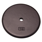 Black 25 lb standard weight plate designed for strength training and muscle building.